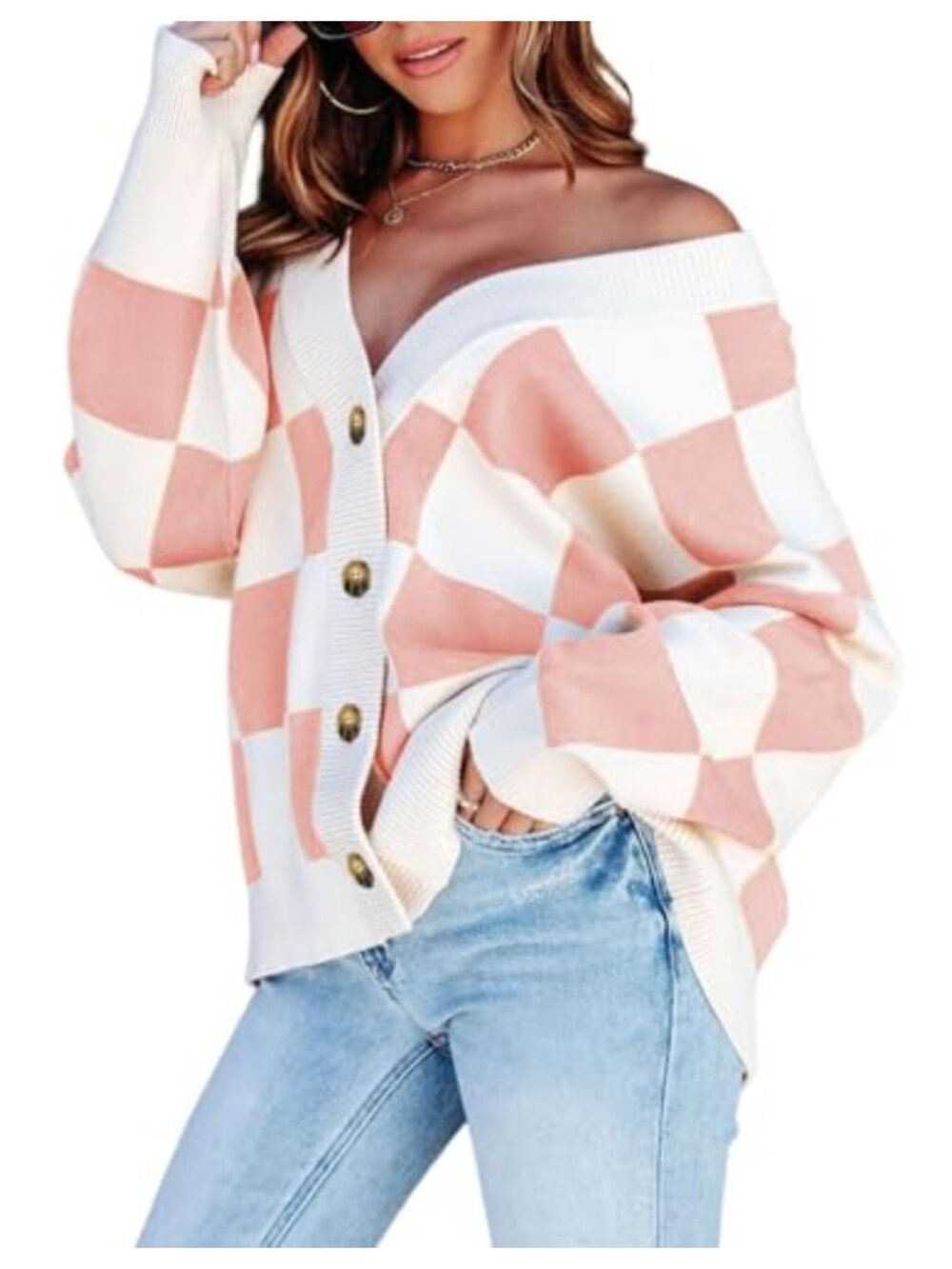 Womens Plaid V Neck Button Down Cable Knit Oversized Cardigan Sweater